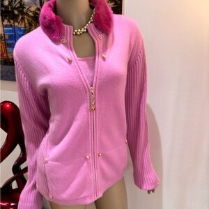 St. John Pink orchid twinset cashmere cardigan set suit  L 12 embellished mink